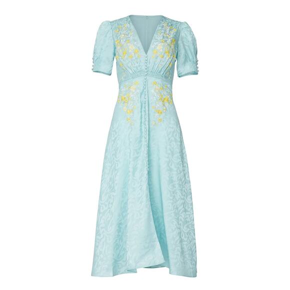 SALONI Blue Lea Shirred Silk Satin Jacquard Embroidered Midi Dress Size 2 - Picture 1 of 9